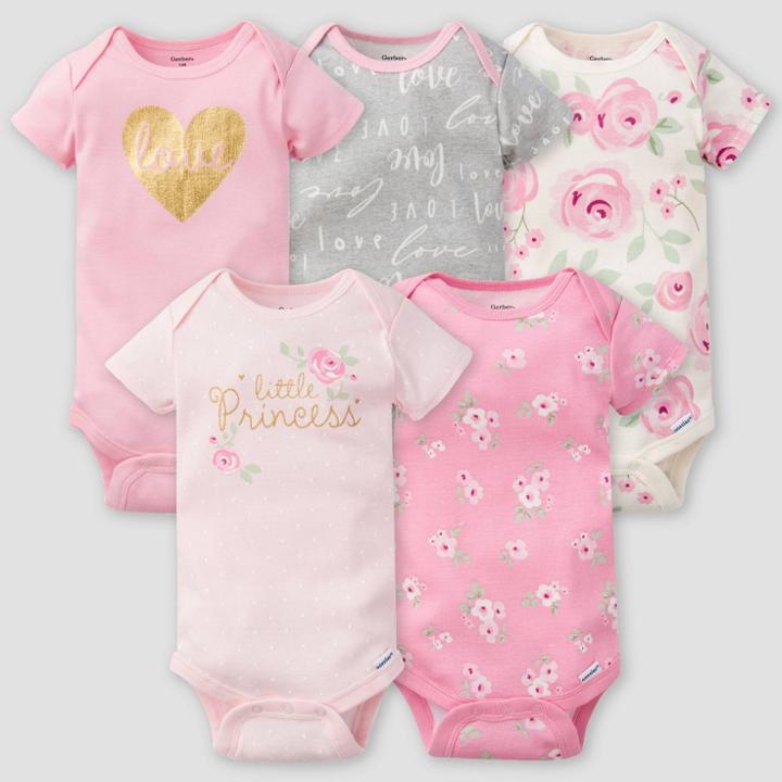 Gerber Baby Girls' 5pk Floral Short Sleeve Onesies - Pink/off-white/gray