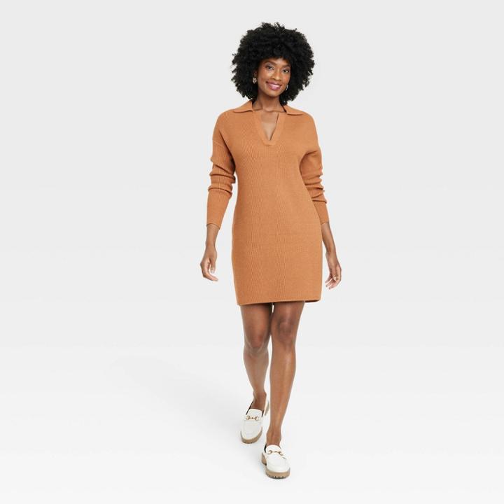 Women's Long Sleeve Polo Sweater Dress - A New Day Brown