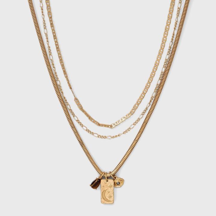Semi-precious Tiger's Eye Stone And Evil Eye Charm Layered Chain Necklace - Universal Thread Brown
