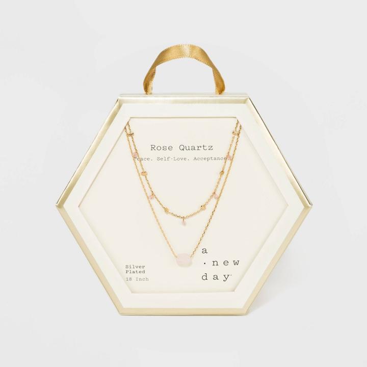 Gold Plated Rose Quartz Healing Stone Station Duo Necklace - A New Day Light Pink, Women's,