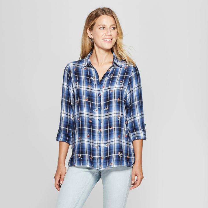 Women's Plaid Long Sleeve Embroidered Button-down Shirt - Knox Rose Blue