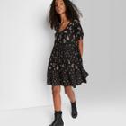 Women's Floral Print Short Sleeve Tiered Babydoll Dress - Wild Fable Black