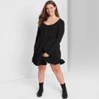 Women's Plus Size Long Sleeve Waffle Knit Babydoll Dress - Wild Fable Black
