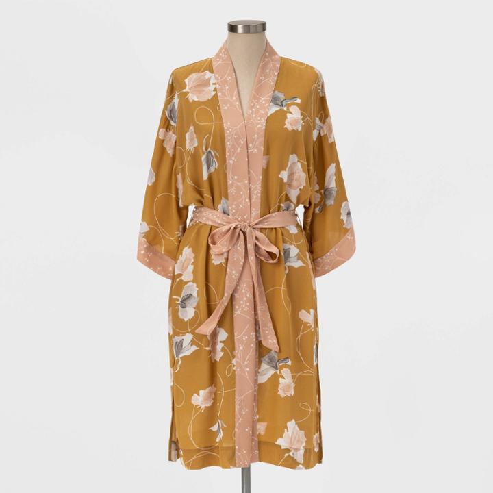 Women's Floral Print Petite Kimono - A New Day Brown One Size, Women's, Green