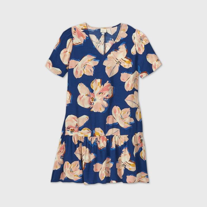 Women's Floral Print Short Sleeve Ruffle Hem Dress - A New Day Blue