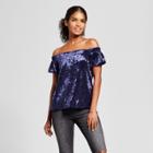 Women's Short Sleeve Crushed Velvet Off The Shoulder Top - Vanity Room Navy