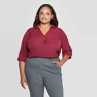 Women's Plus Size Long Sleeve Collared Utility Pocket Shirt - Ava & Viv Burgundy (red)