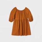 Women's Plus Size Elbow Sleeve Eyelet Babydoll Dress - A New Day Rust