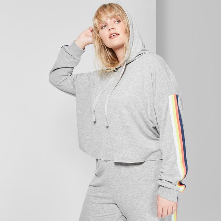 Women's Plus Size Cropped Striped Rainbow Placed Hoodie - Wild Fable Heather Gray