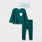 Baby Girls' 3pc Ribbed Top & Bottom Set With Headband - Cat & Jack Green Newborn
