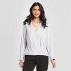 Women's Long Sleeve V-neck Satin Top - A New Day Silver