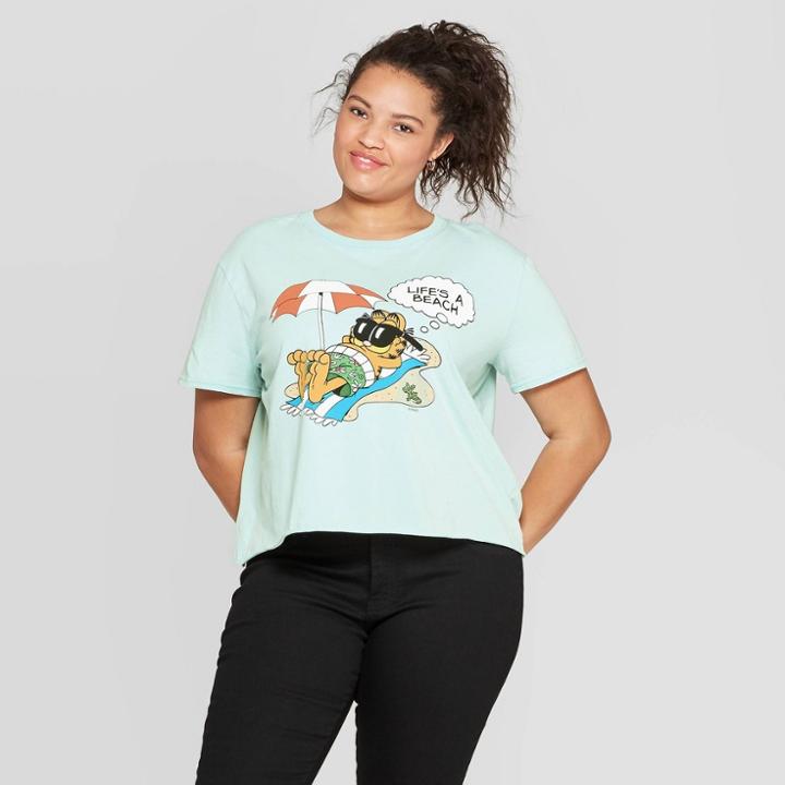 Women's Garfield Plus Size Short Sleeve Cropped Graphic T-shirt - Mighty Fine (juniors') - Teal