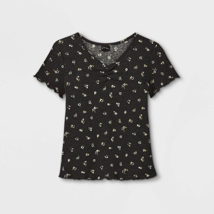 Girls' Cinch Front Lettuce Edge Short Sleeve T-shirt - Art Class Black