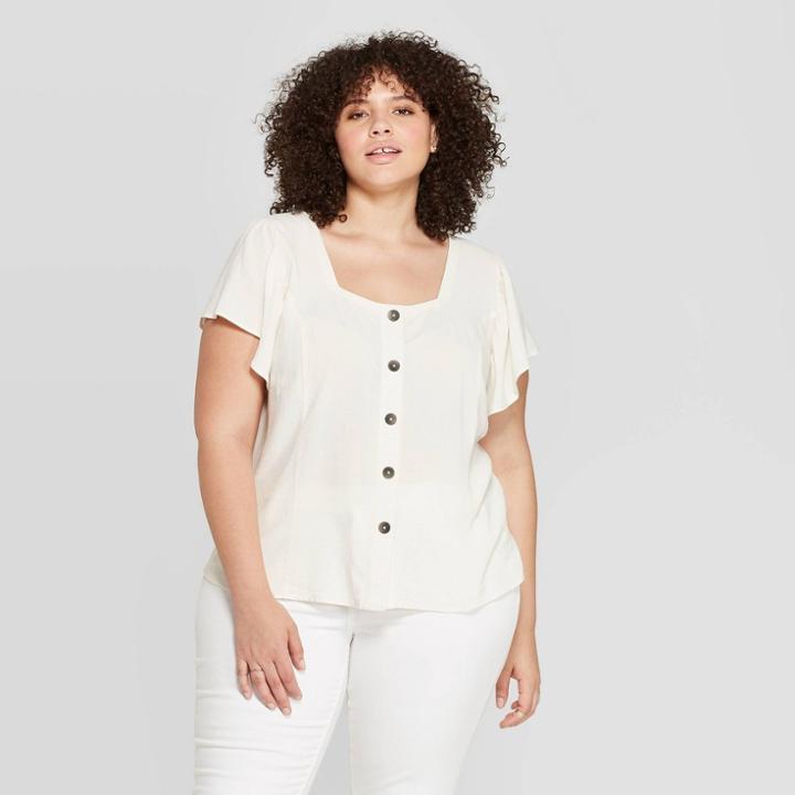 Women's Plus Size Short Sleeve Square Neck Button Front Top - Universal Thread Cream (ivory)