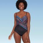Women's Slimming Control Cross Front One Piece Swimsuit - Dreamsuit By Miracle Brands Multi Stripe 8, Black/bronze/grey