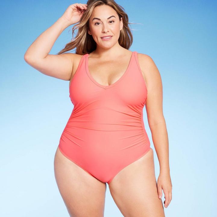 Women's Plus Size V-neck Over The Shoulder High Leg One Piece Swimsuit - Kona Sol Peach Orange