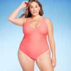 Women's Plus Size V-neck Over The Shoulder High Leg One Piece Swimsuit - Kona Sol Peach Orange