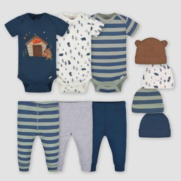 Gerber Baby Girls' 10pk Bear Top And Bottom Set With Cap - White/navy Blue/forest Green