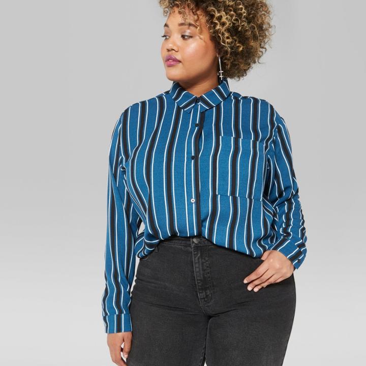 Women's Plus Size Striped Long Sleeve Tie Front Button-down Shirt - Wild Fable Blue