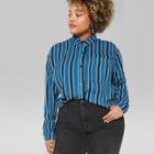 Women's Plus Size Striped Long Sleeve Tie Front Button-down Shirt - Wild Fable Blue