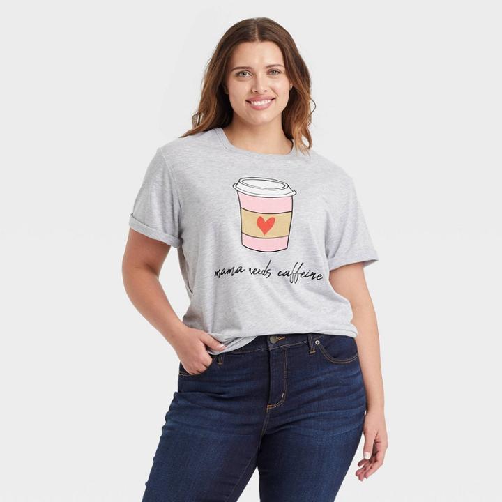 Hybrid Apparel Women's Plus Size Mother's Day Mama Needs Caffeine Short Sleeve Graphic T-shirt - Heather Gray