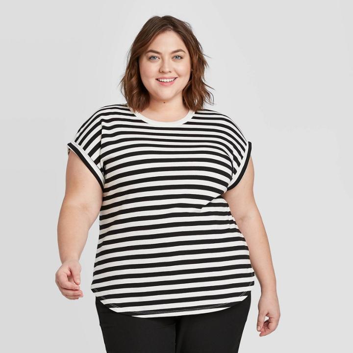 Women's Plus Size Striped Short Sleeve Cuffed T-shirt - Ava & Viv Black X, Women's
