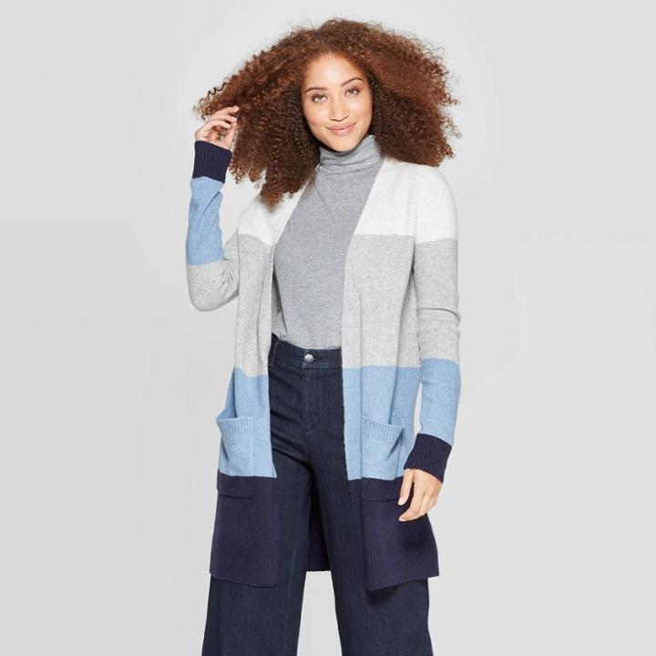 Women's Colorblock Long Sleeve Cozy Sweater Cardigan - A New Day Navy/gray L, Women's, Size: