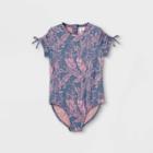 Girls' Leaf Print Short Sleeve One Piece Rash Guard Swimsuit - Art Class Lilac