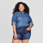 Women's Plus Size Long Sleeve Collared Western Denim Shirt - Universal Thread Dark Wash