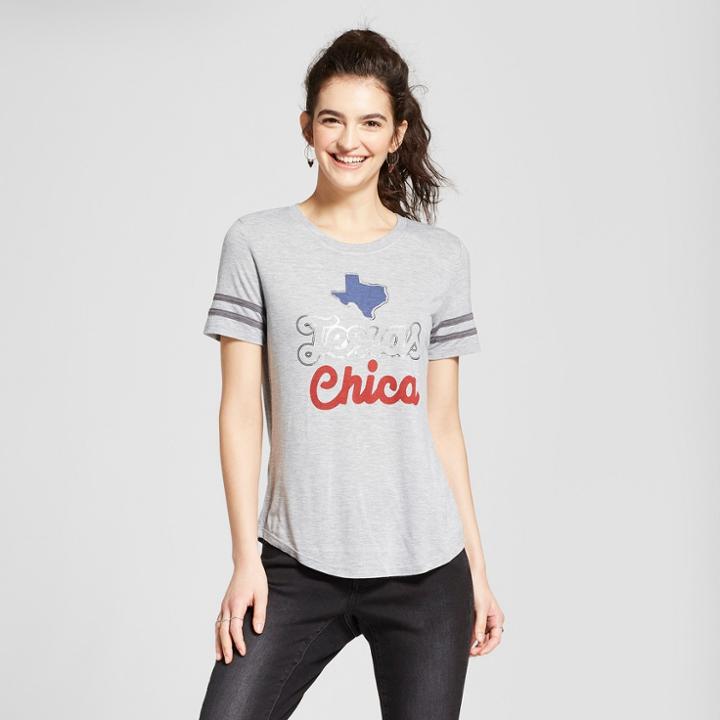 Women's Short Sleeve Texas Chica Distressed Foil Drapey T-shirt - Awake Gray