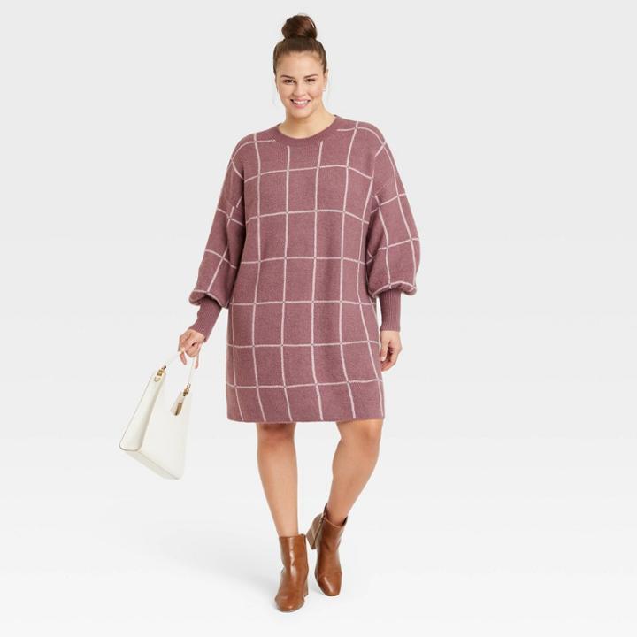 Women's Plus Size Long Sleeve Sweater Dress - A New Day Mauve Plaid