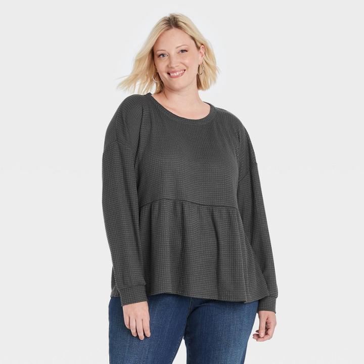 Women's Plus Size Long Sleeve Babydoll Blouse - Knox Rose Dark Gray