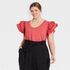 Women's Plus Size Ruffle Short Sleeve Scoop Neck Mixed Media T-shirt - A New Day Dark Pink
