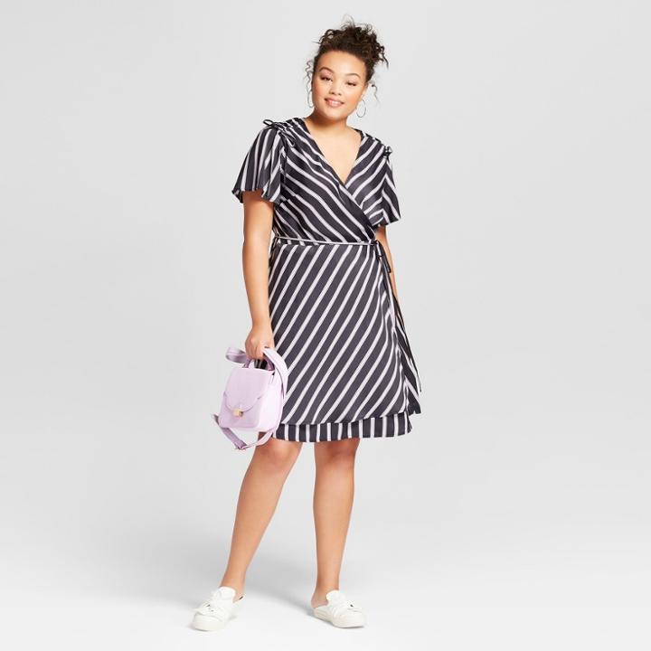 Women's Plus Size Striped Short Sleeve Wrap Dress - A New Day Black