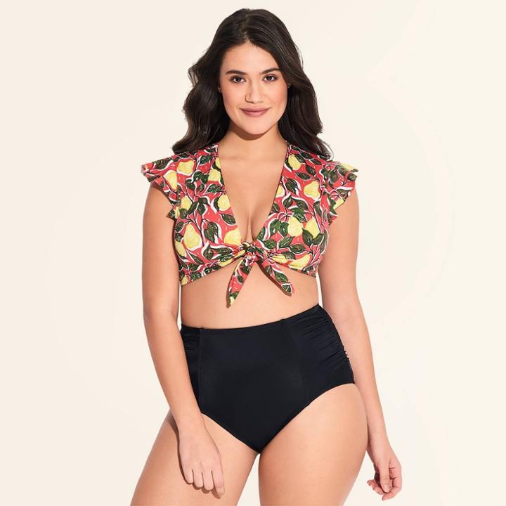 Target Women's Slimming Control Tie Front Bikini Top - Beach Betty By Miracle Brands Coral Pear Print
