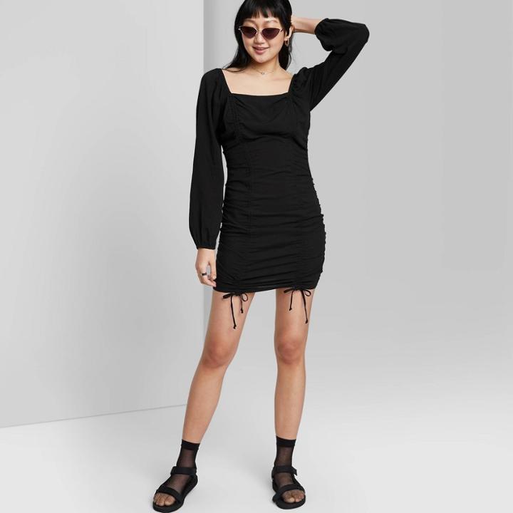 Women's Puff Long Sleeve Double Ruched Dress - Wild Fable Black