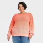 Women's Plus Size Ombre Striped Crewneck Pullover Sweater - Ava & Viv Coral X, Pink