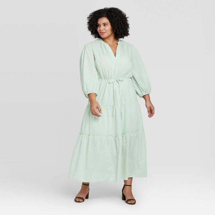Women's Plus Size Polka Dot Long Sleeve Tie Waist Tiered Dress - A New Day Green 1x, Women's,