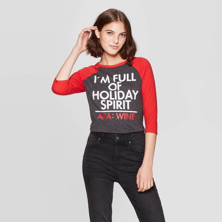Petitewomen's Holiday Spirit Raglan Short Sleeve T-shirt - Modern Lux (juniors') - Heather Gray