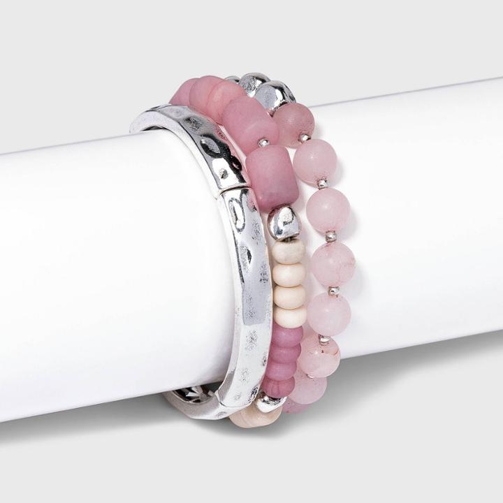 Semi-precious Rose Quartz And Cream Opal With Silver Ox Stretch Bracelet Set 3pc - Universal Thread Rose