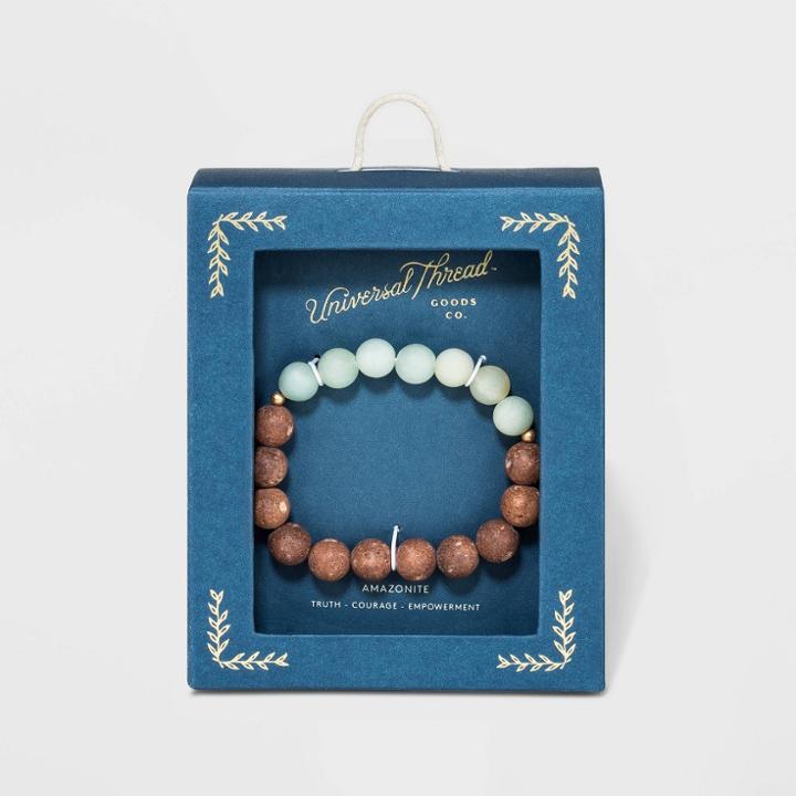 Semi-precious Stone Amazonite And Dyed Lava Beaded In Worn Gold Aromatherapy Stretch Bracelet Set - Universal Thread Brown, Women's,