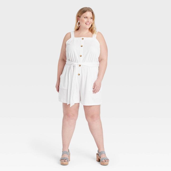 Women's Plus Size Button-front Tie-waist Romper - Ava & Viv White X