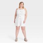 Women's Plus Size Button-front Tie-waist Romper - Ava & Viv White X