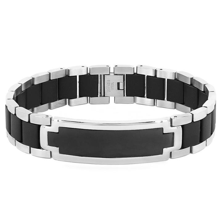 West Coast Jewelry Men's Stainless Steel Id Bracelet With Rubber Inlay - 8.5, Black/silver
