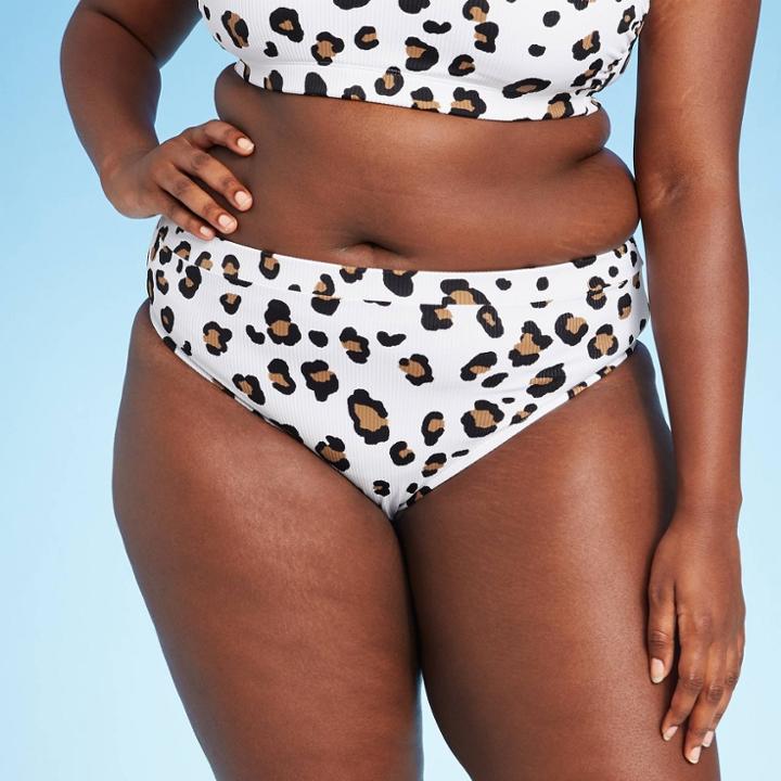 Juniors' Plus Size Ribbed Cheeky High Leg High Waist Bikini Bottom - Xhilaration White Animal Print