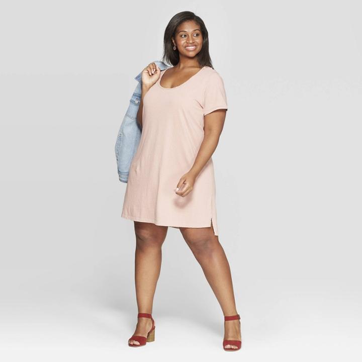 Women's Plus Size Short Cap Sleeve U-neck T-shirt Dress - Universal Thread Pink