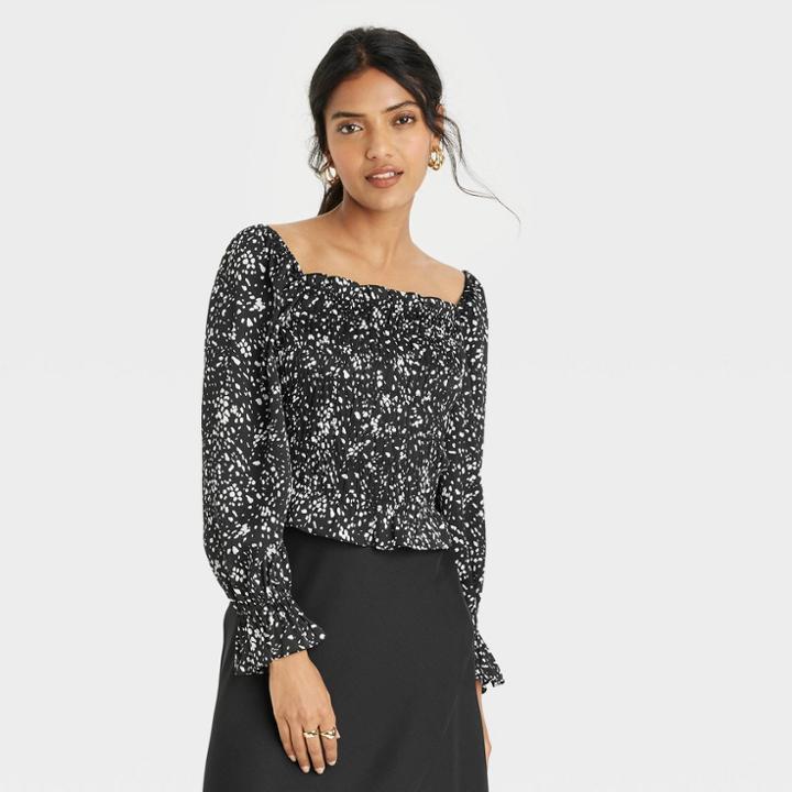Women's Puff Long Sleeve Slim Fit Smocked Top - A New Day Black Leopard Print