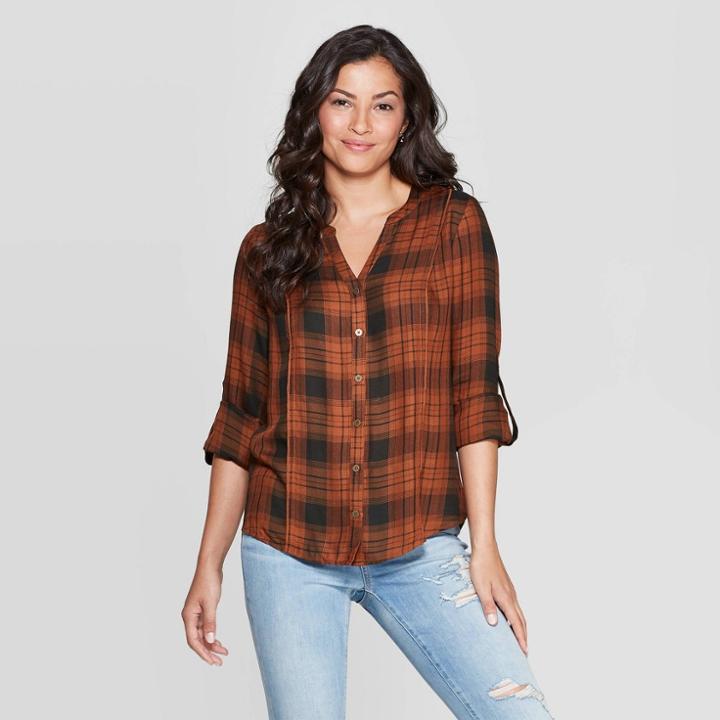 Women's Plaid Long Sleeve V-neck Button Front Shift Blouse With Lace Back Detail - Knox Rose Rust Xs, Women's, Brown