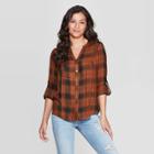 Women's Plaid Long Sleeve V-neck Button Front Shift Blouse With Lace Back Detail - Knox Rose Rust Xs, Women's, Brown