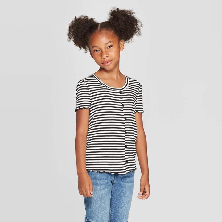 Girls' Button Front Lettuce Edge Top - Art Class Black/white